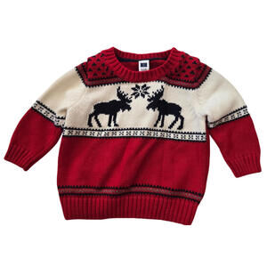 Janie & Jack Sweater Red Navy White Size 6 - 12 Month Crew Neck Holiday Deer EUC